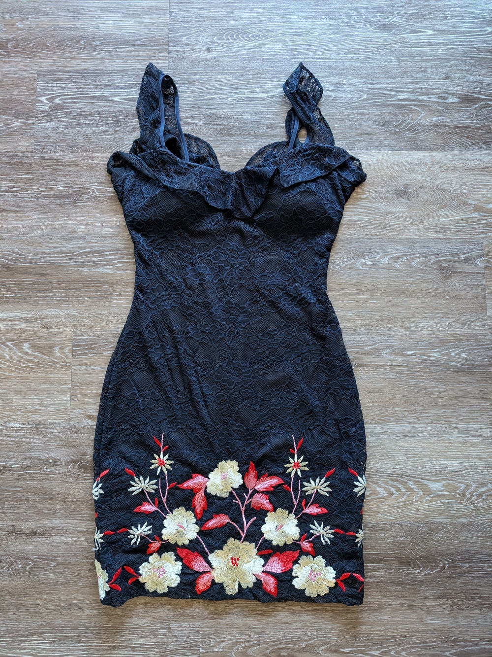 Guess Black Lace Mini Dress with Red and Cream Floral Embroidery